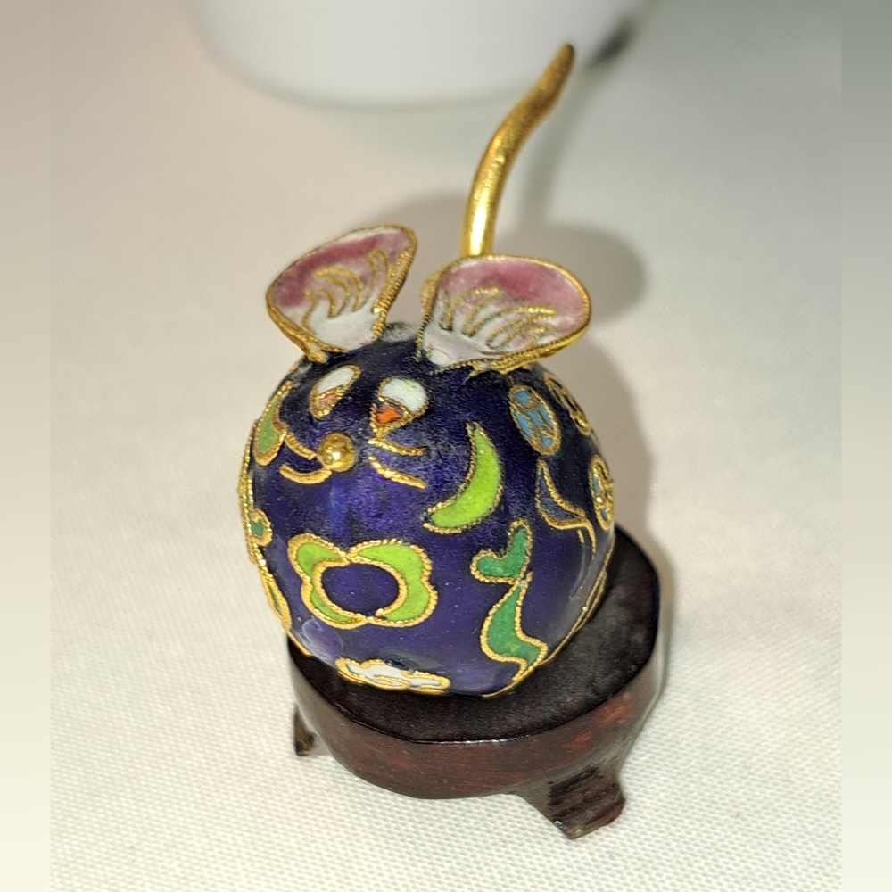 Cutest Cloisonne Mouse Vintage On Wooden Base